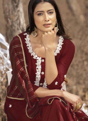 Muslin Salwar Suit in Maroon Enhanced with Embroidered