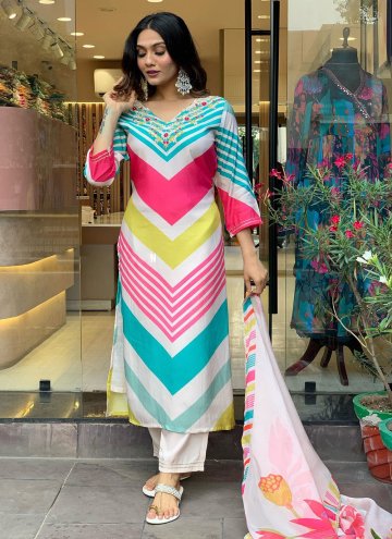 Muslin Salwar Suit in Multi Colour Enhanced with E