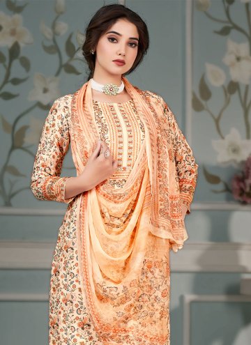 Muslin Salwar Suit in Orange Enhanced with Floral Print