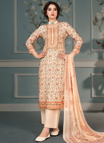 Muslin Salwar Suit in Orange Enhanced with Floral Print