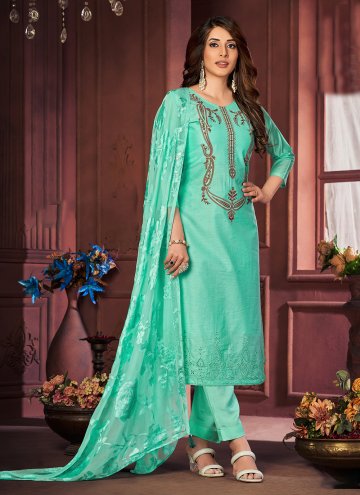 Muslin Salwar Suit in Turquoise Enhanced with Embroidered