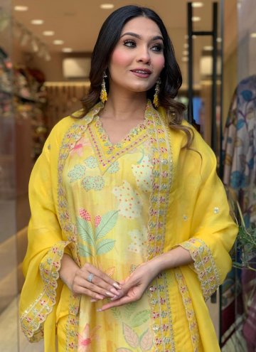 Muslin Salwar Suit in Yellow Enhanced with Embroidered