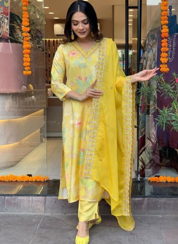 Muslin Salwar Suit in Yellow Enhanced with Embroid