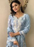 Muslin Trendy Salwar Kameez in Blue Enhanced with Embroidered - 2