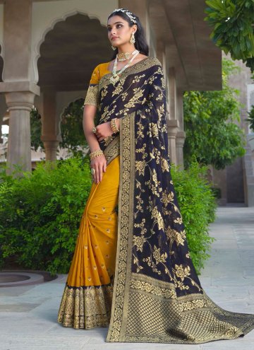Mustard and Navy Blue Classic Designer Saree in Si