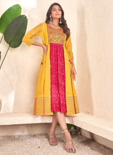 Mustard and Pink color Cotton  Party Wear Kurti wi