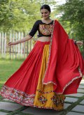Mustard and Red Lehenga Choli in Rayon with Embroidered - 1