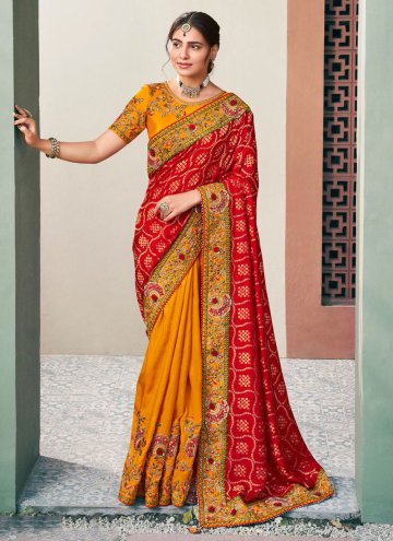 Mustard and Red Silk Embroidered Trendy Saree for Ceremonial