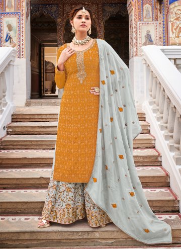 Mustard Chinon Embroidered Salwar Suit