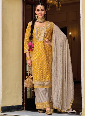 Mustard Chinon Embroidered Salwar Suit