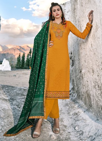 Mustard Chinon Embroidered Salwar Suit for Festival