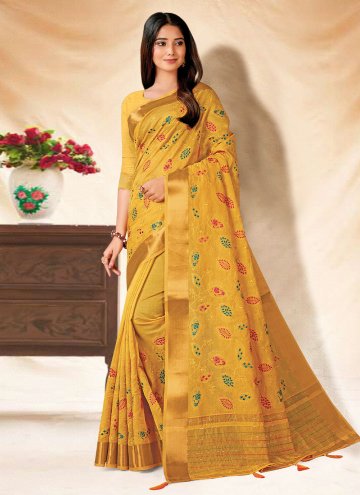 Mustard color Banarasi Contemporary Saree with Embroidered