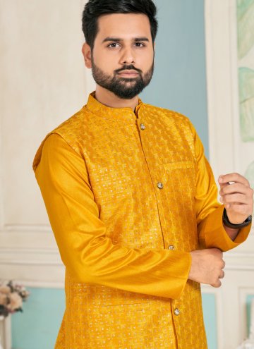 Mustard color Banglori Silk Kurta Payjama With Jacket with Embroidered