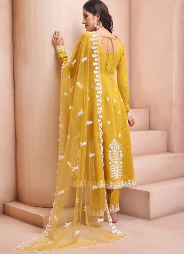 Mustard color Chanderi Pant Style Suit with Embroidered