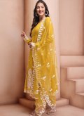 Mustard color Chanderi Pant Style Suit with Embroidered - 2