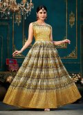 Mustard color Chinon Designer Gown with Digital Print - 2