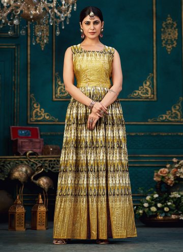 Mustard color Chinon Designer Gown with Digital Pr
