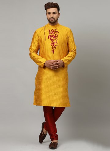 Mustard color Embroidered Art Dupion Silk Kurta Pyjama
