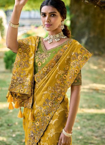 Mustard color Embroidered Fancy Fabric Classic Designer Saree
