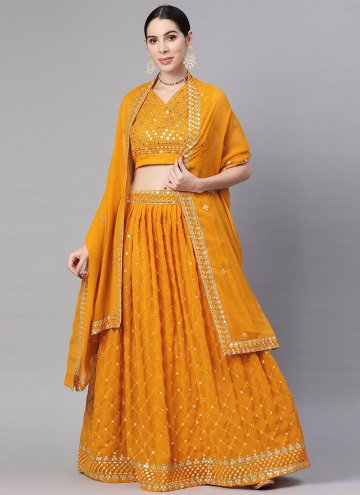 Mustard color Embroidered Georgette A Line Lehenga