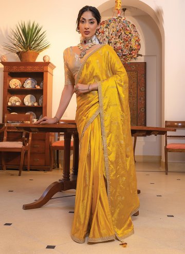 Mustard color Embroidered Satin Contemporary Saree