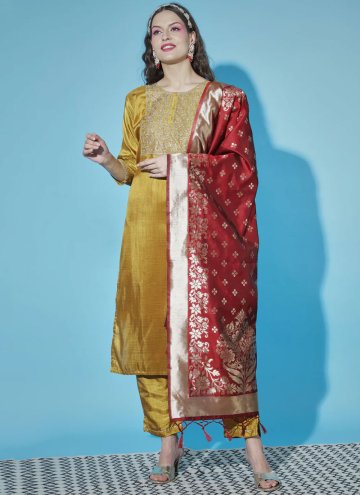 Mustard color Embroidered Silk Blend Salwar Suit