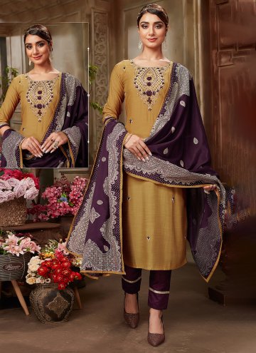Mustard color Embroidered Silk Salwar Suit
