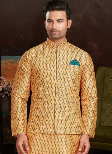 Mustard color Mirror Work Silk Nehru Jackets