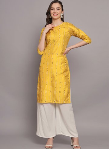 Mustard color Poly Silk Designer Kurti with Foil Print