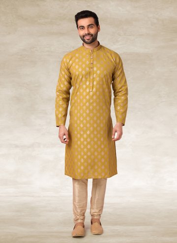 Mustard color Printed Handloom Cotton Kurta Pyjama