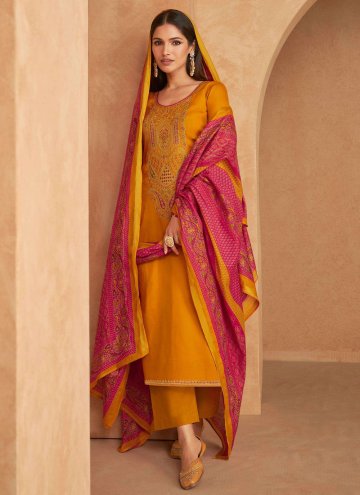 Mustard color Satin Salwar Suit with Embroidered