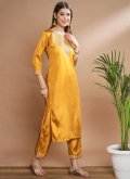 Mustard color Silk Blend Pant Style Suit with Embroidered - 3