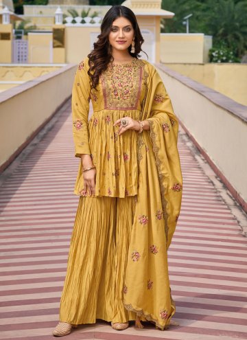 Mustard color Silk Palazzo Suit with Embroidered