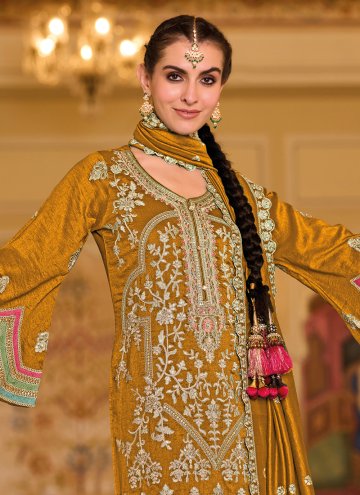 Mustard color Silk Trendy Salwar Kameez with Embroidered