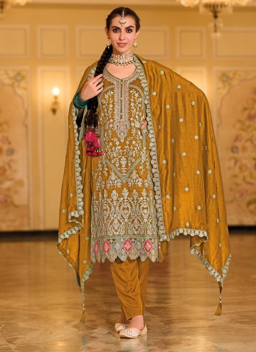 Mustard color Silk Trendy Salwar Kameez with Embroidered