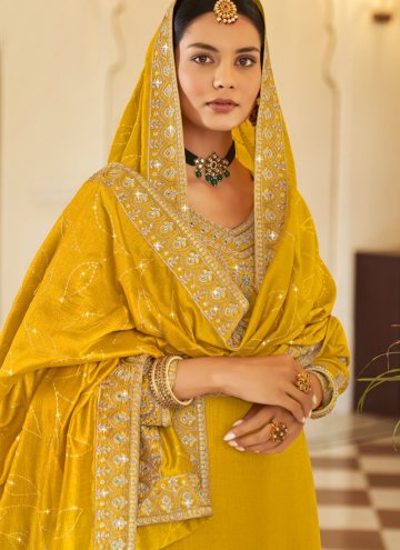 Mustard color Vichitra Silk Pakistani Suit with Embroidered