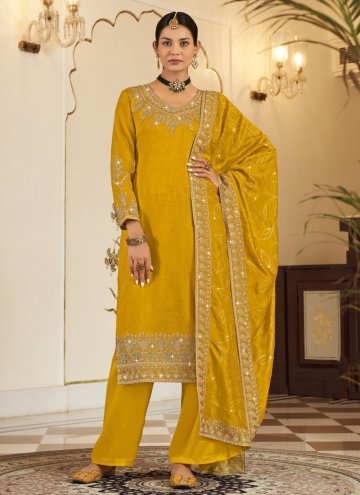 Mustard color Vichitra Silk Pakistani Suit with Em