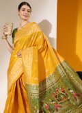 Mustard color Woven Handloom Silk Trendy Saree - 1