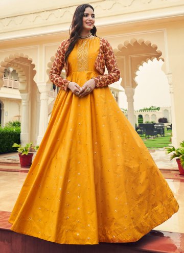 Mustard Cotton  Embroidered Gown for Engagement