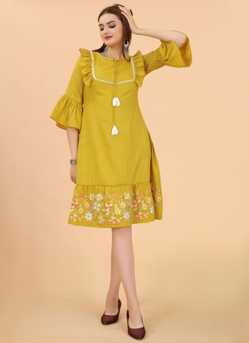 Mustard Designer Kurti in Rayon with Embroidered