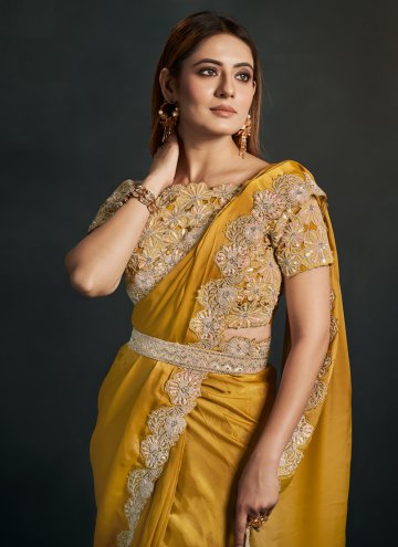 Mustard Designer Saree in Crepe Silk with Embroidered