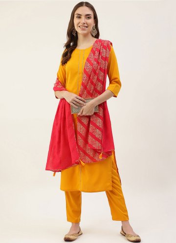 Mustard Faux Crepe Plain Work Pant Style Suit for Casual