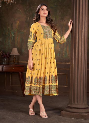 Mustard Party Wear Kurti in Cotton  with Printed