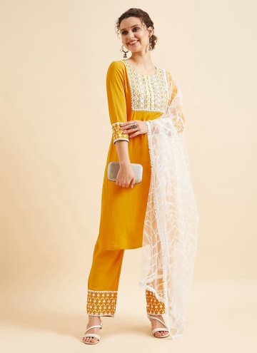 Mustard Rayon Embroidered Salwar Suit for Ceremonial