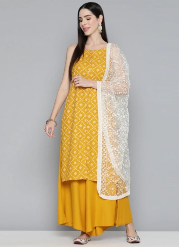 Mustard Rayon Geometric Print Salwar Suit for Cere
