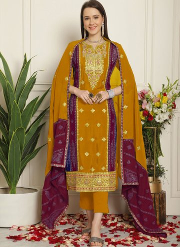 Mustard Salwar Suit in Chiffon with Embroidered