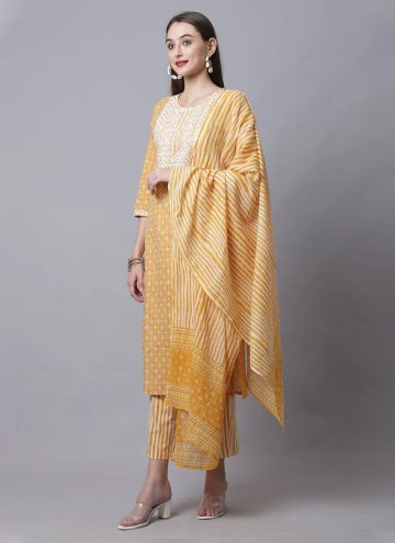 Mustard Salwar Suit in Cotton  with Embroidered