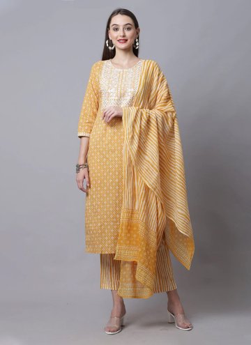 Mustard Salwar Suit in Cotton  with Embroidered