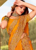 Mustard Satin Embroidered Trendy Saree for Engagement - 1
