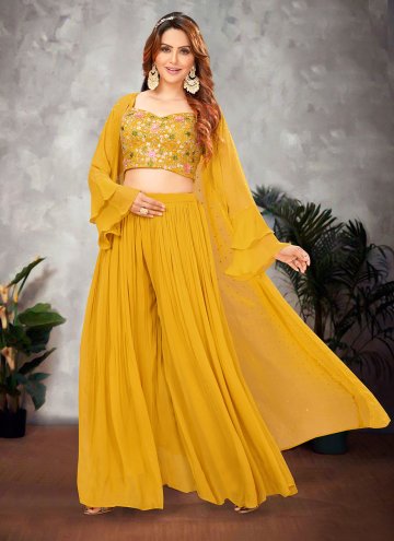 Mustard Silk Embroidered Palazzo Suit for Engagement